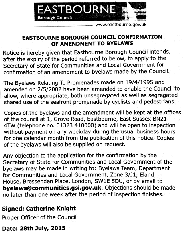 The official change of Eastbourne seafront byelaw notice